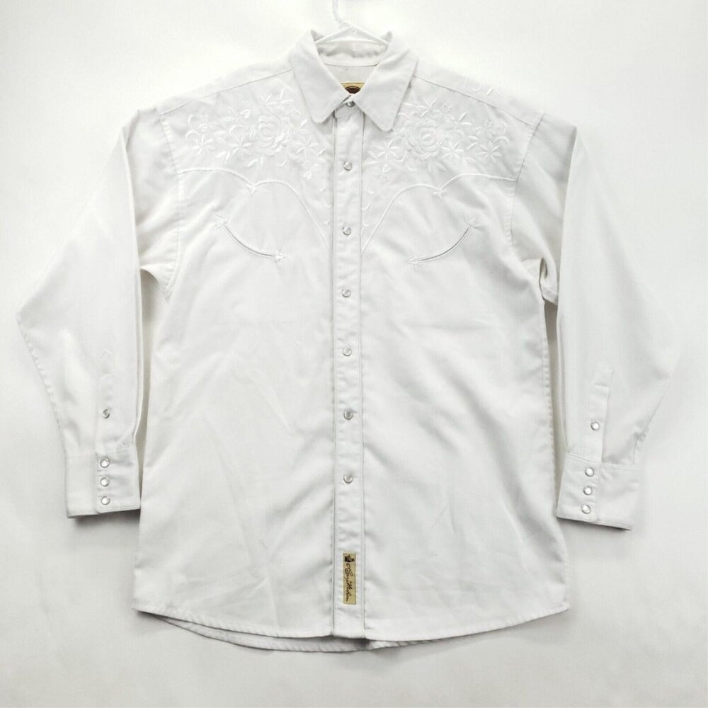 Vintage Larry Mahan Shirt Men Medium White Cowboy Embroidered Western Pearl Snap